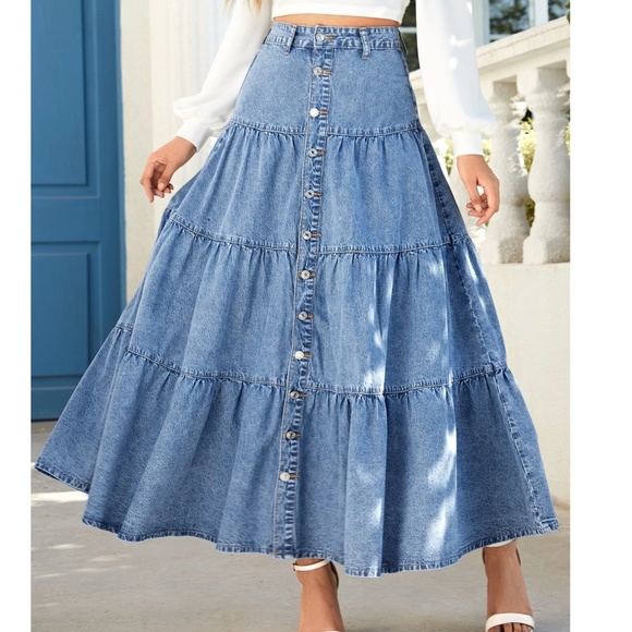 Luxe Medium Wash Button Ruffle Hem Denim Jean Maxi Skirt - Picture 2 of 5